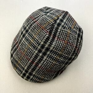 Vintage Plaid Flat Cap New York Hat Co 7-1/8 Beige Gray Newsboy Beret USA 80s
